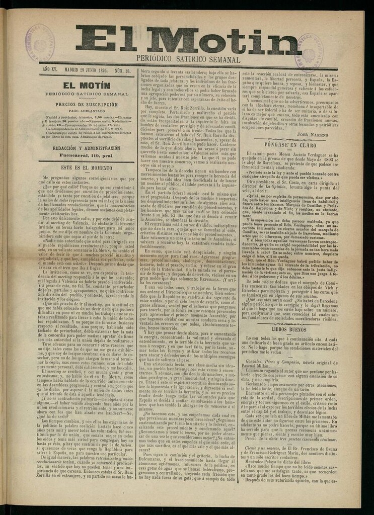 Miniatura de El Motín: periódico satírico semanal del 29 de Junio de 1895