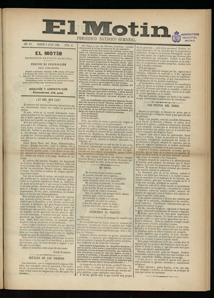 Miniatura de El Motín: periódico satírico semanal del 6 de Julio de 1895