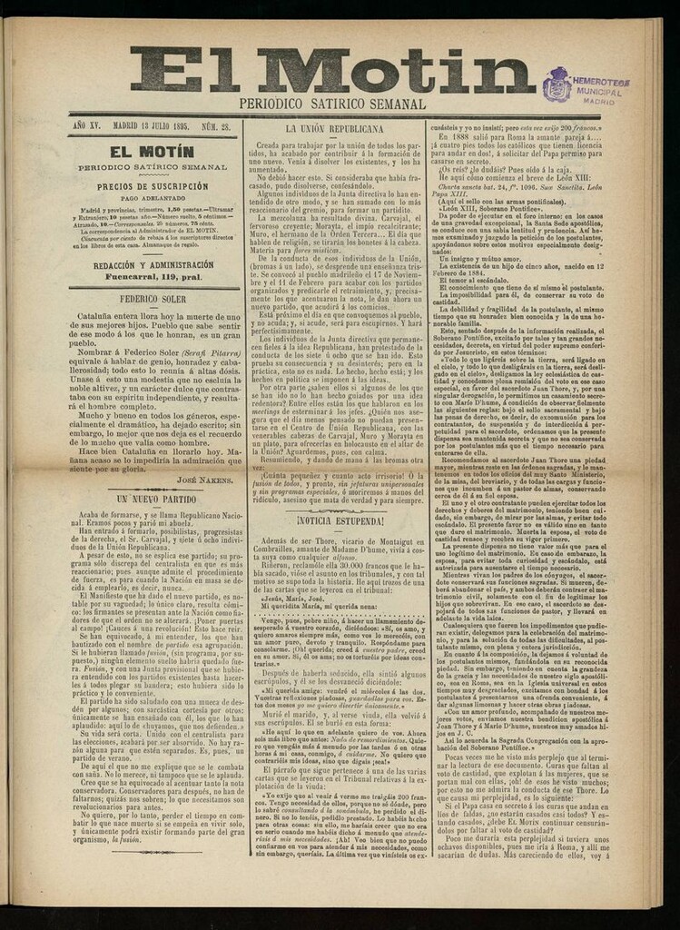Miniatura de El Motín: periódico satírico semanal del 13 de Julio de 1895
