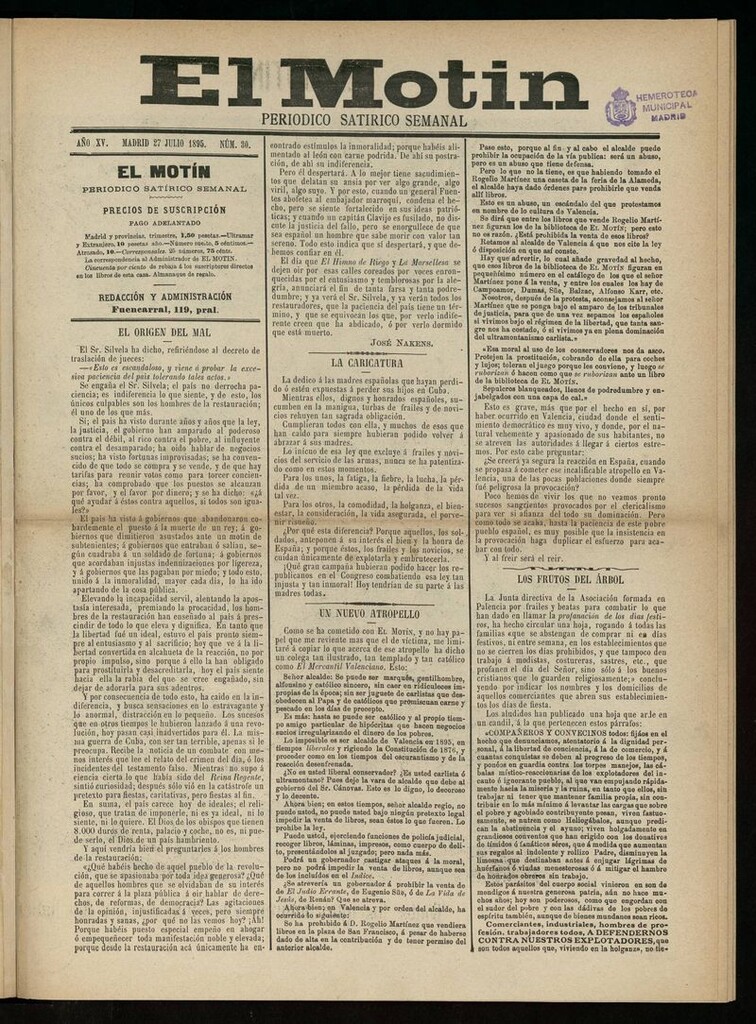 Miniatura de El Motín: periódico satírico semanal del 27 de Julio de 1895