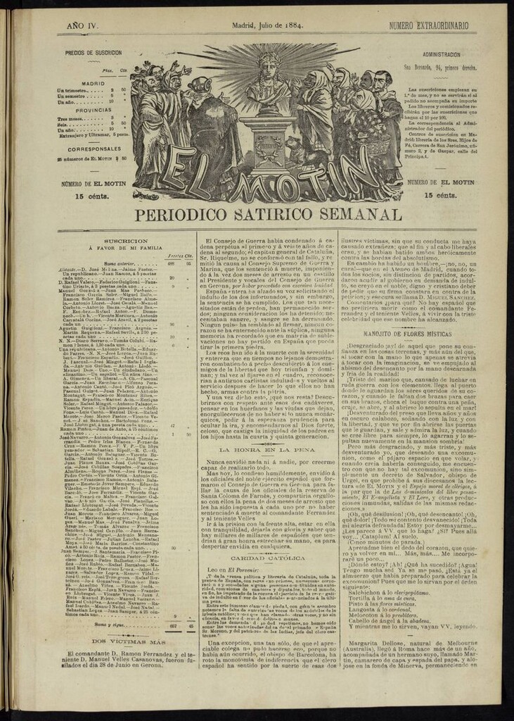 Miniatura de El Motín: periódico satírico semanal. Madrid, Julio 1884. NUMERO EXTRAORDINARIO