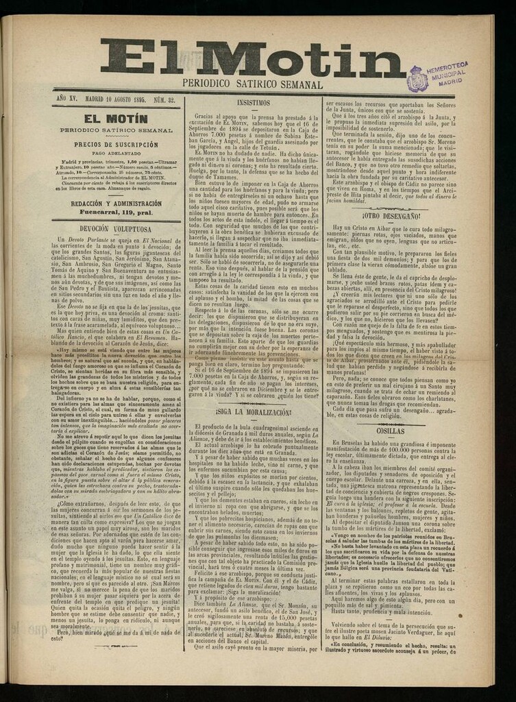 Miniatura de El Motín: periódico satírico semanal del 10 de Agosto de 1895