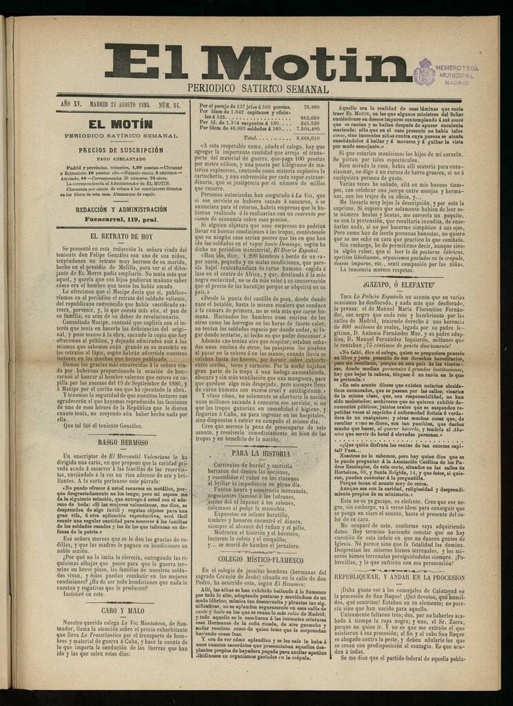 Miniatura de El Motín: periódico satírico semanal del 24 de Agosto de 1895