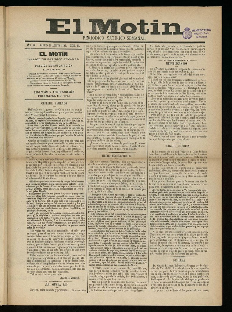 Miniatura de El Motín: periódico satírico semanal del 31 de Agosto de 1895