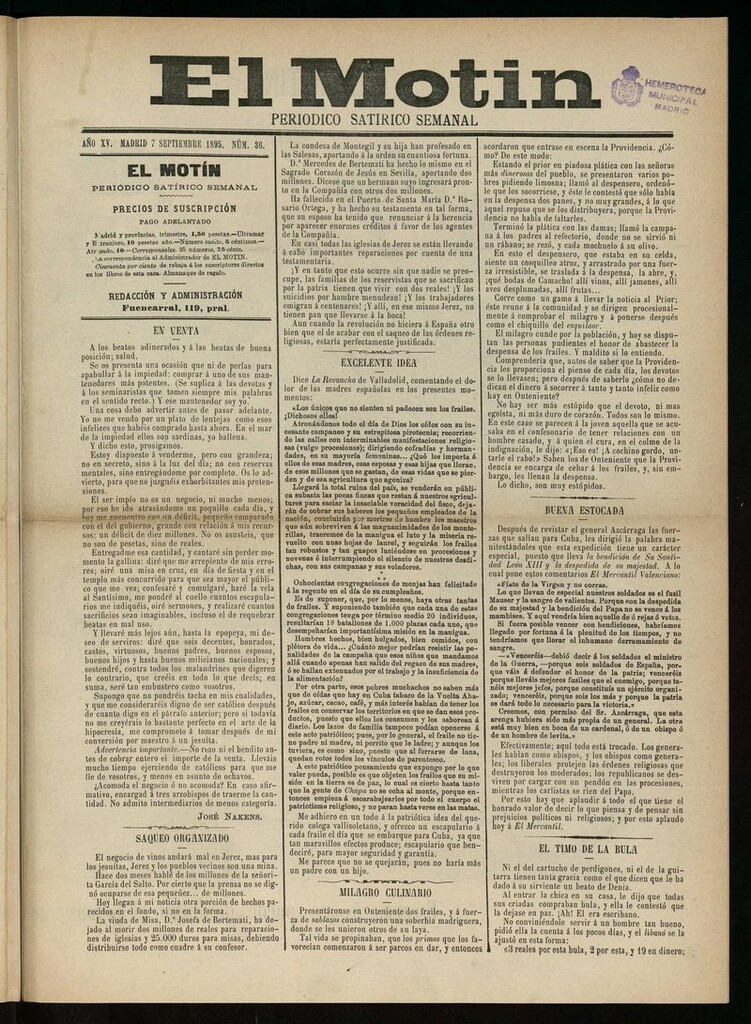 Miniatura de El Motín: periódico satírico semanal del 7 de Septiembre de 1895