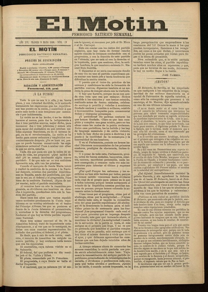Miniatura de El Motín: periódico satírico semanal 9 de Mayo de 1896