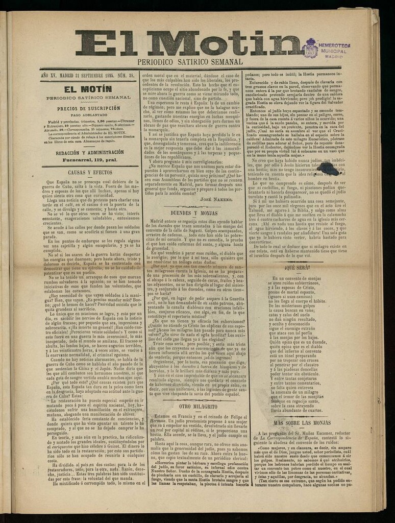 Miniatura de El Motín: periódico satírico semanal del 21 de Septiembre de 1895