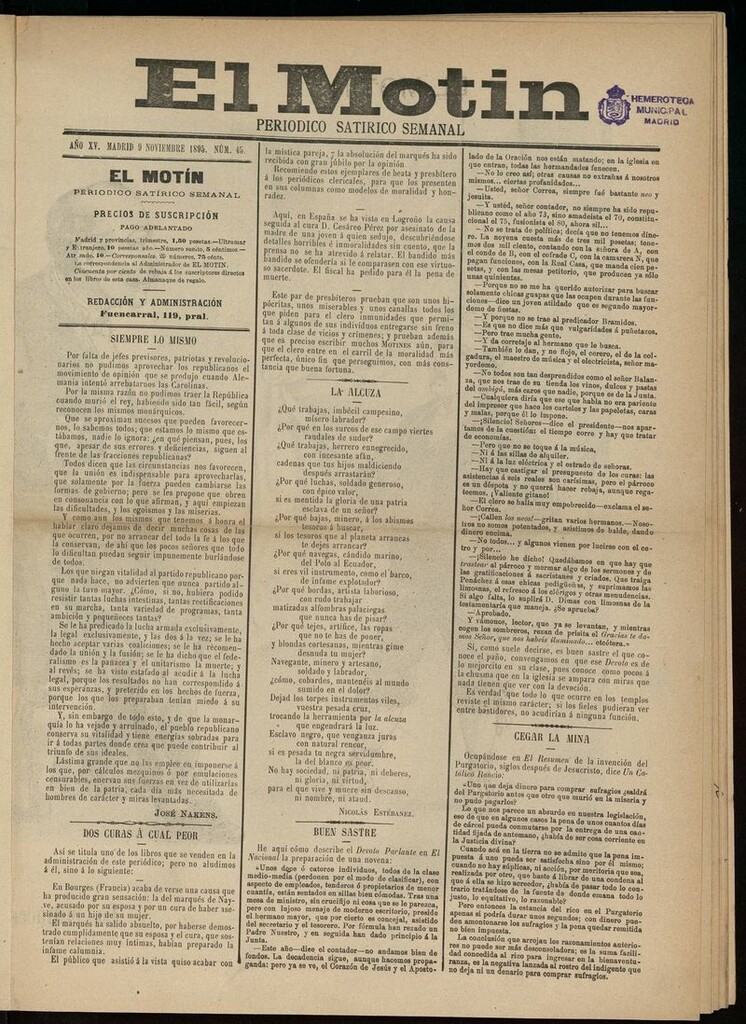 Miniatura de El Motín: periódico satírico semanal del 9 de Noviembre de 1895