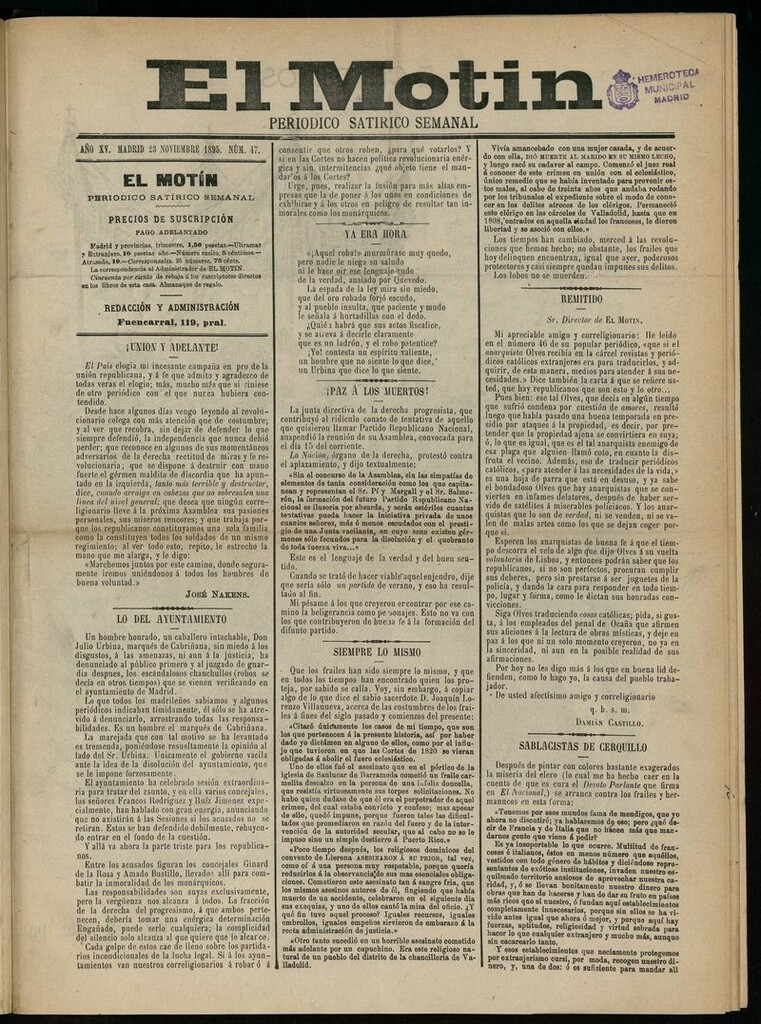 Miniatura de El Motín: periódico satírico semanal del 23 de Noviembre de 1895