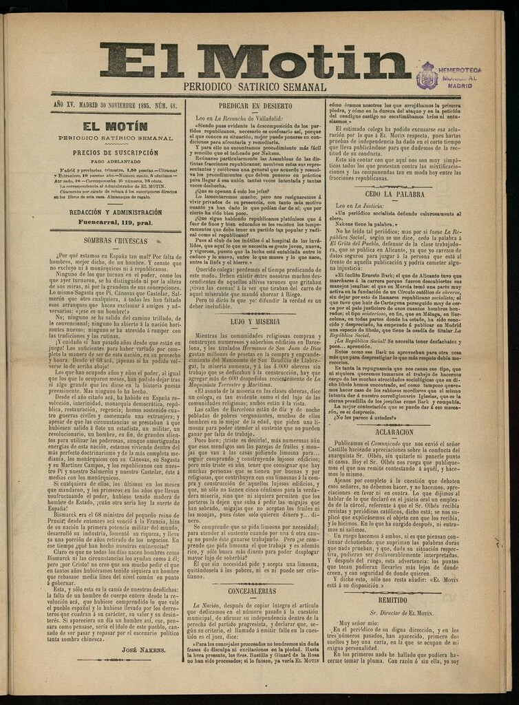 Miniatura de El Motín: periódico satírico semanal del 30 de Noviembre de 1895