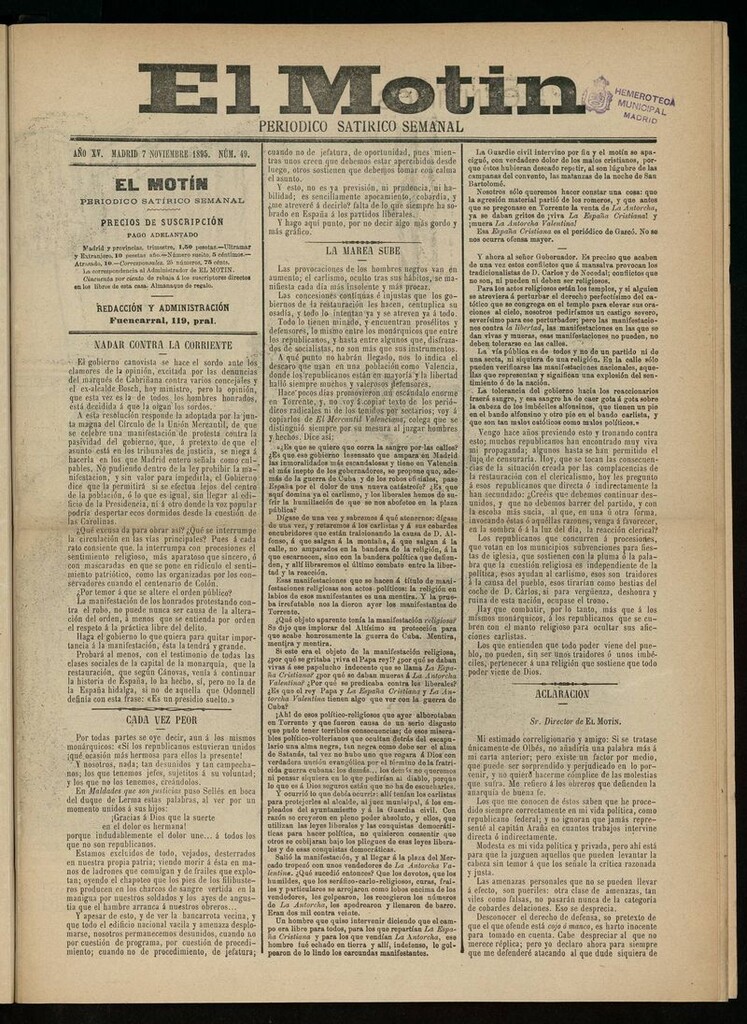 Miniatura de El Motín: periódico satírico semanal del 7 de Diciembre de 1895