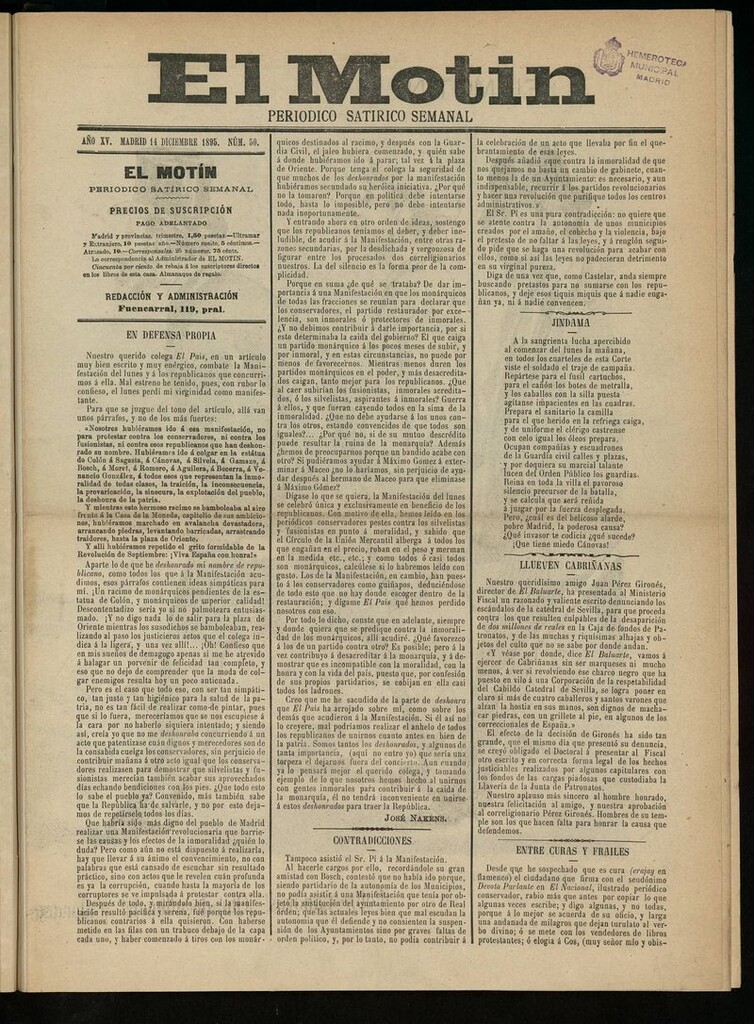 Miniatura de El Motín: periódico satírico semanal del 14 de Diciembre de 1895