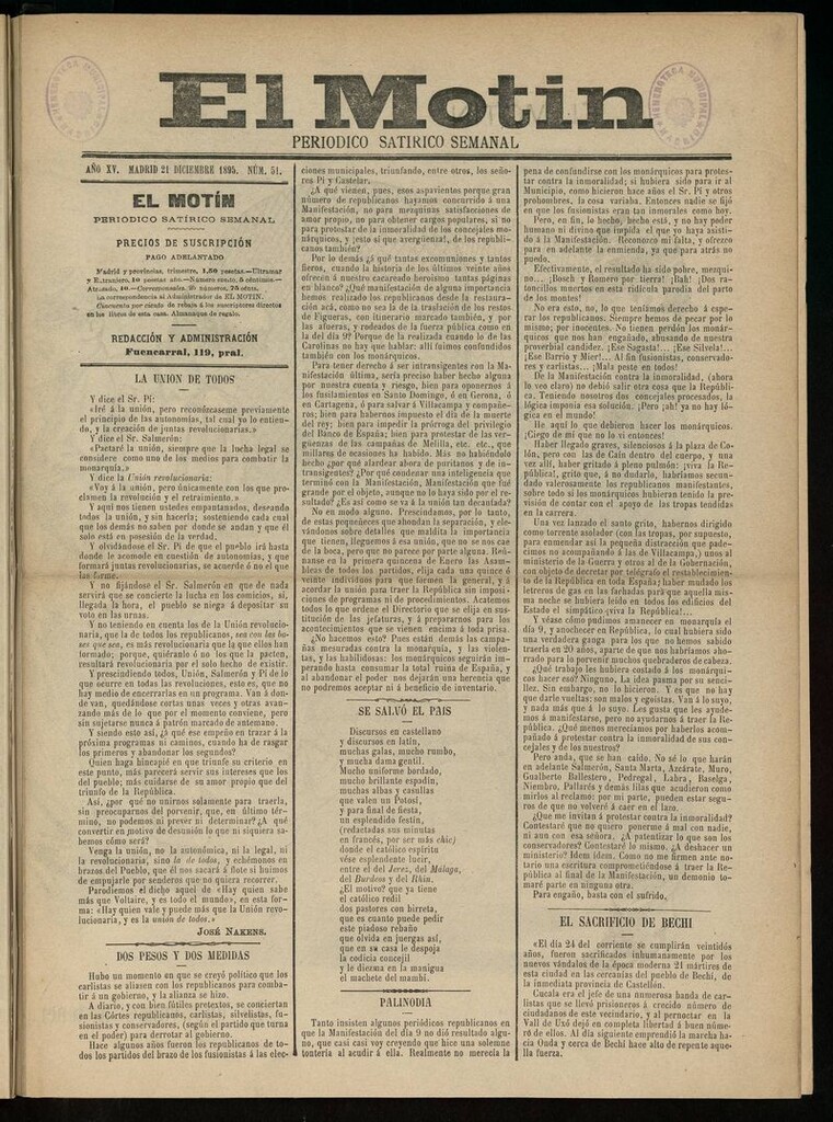 Miniatura de El Motín: periódico satírico semanal del 21 de Diciembre de 1895