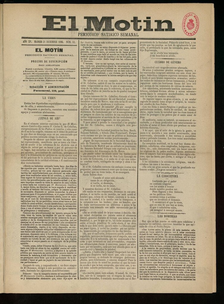 Miniatura de El Motín: periódico satírico semanal del 28 de Diciembre de 1895