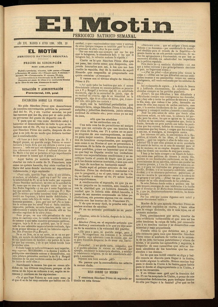 Miniatura de El Motín: periódico satírico semanal 6 de Junio de 1896