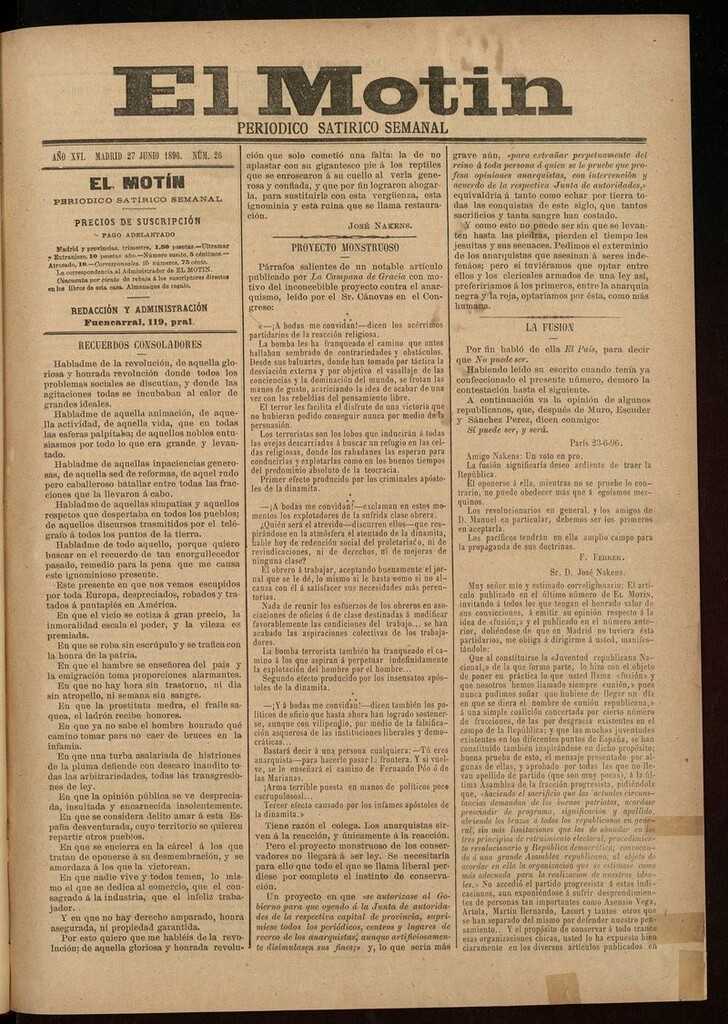 Miniatura de El Motín: periódico satírico semanal 27 de Junio de 1896