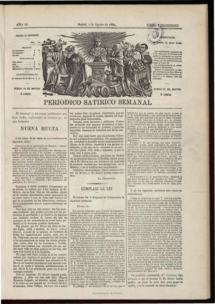 Miniatura de El Motín: periódico satírico semanal del 6 de agosto de 1884