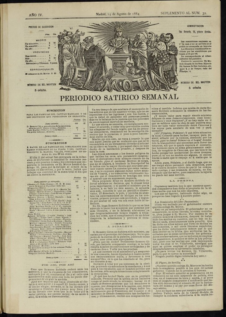 Miniatura de El Motín: periódico satírico semanal del 14 de agosto de 1884