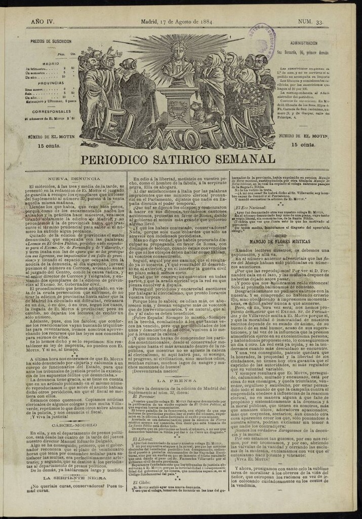Miniatura de El Motín: periódico satírico semanal del 17 de agosto de 1884