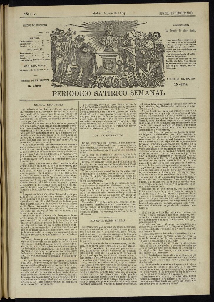 Miniatura de El Motín: periódico satírico semanal. Madrid, Agosto 1884. NUMERO EXTRAORDINARIO