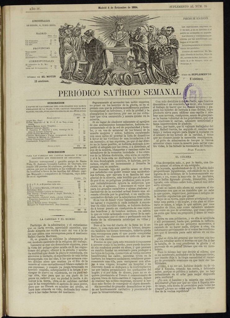 Miniatura de El Motín: periódico satírico semanal del 4 de septiembre de 1884