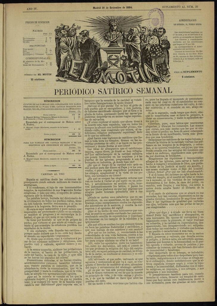 Miniatura de El Motín: periódico satírico semanal del 18 de septiembre de 1884