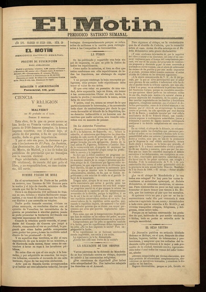 Miniatura de El Motín: periódico satírico semanal 18 de Julio de 1896