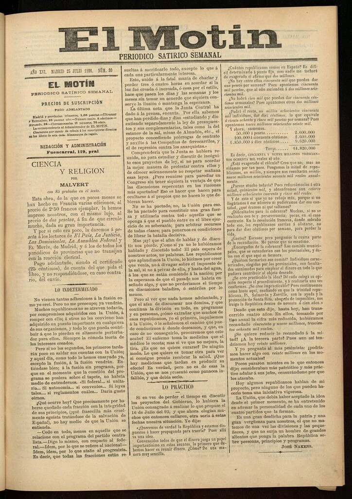 Miniatura de El Motín: periódico satírico semanal 25 de Julio de 1896