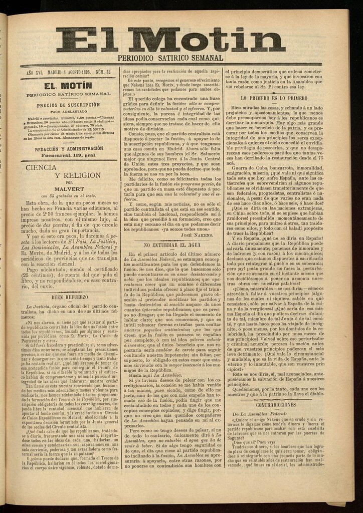 Miniatura de El Motín: periódico satírico semanal 8 de Agosto de 1896