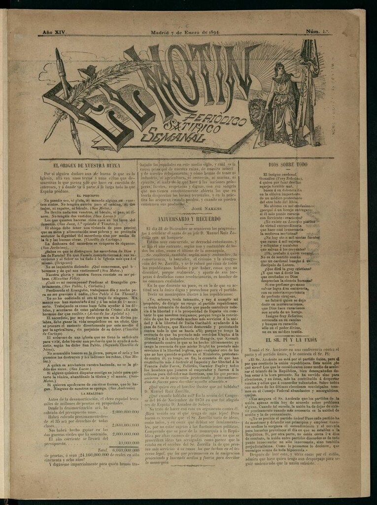 Miniatura de El Motín: periódico satírico semanal del 7 de Enero de 1894