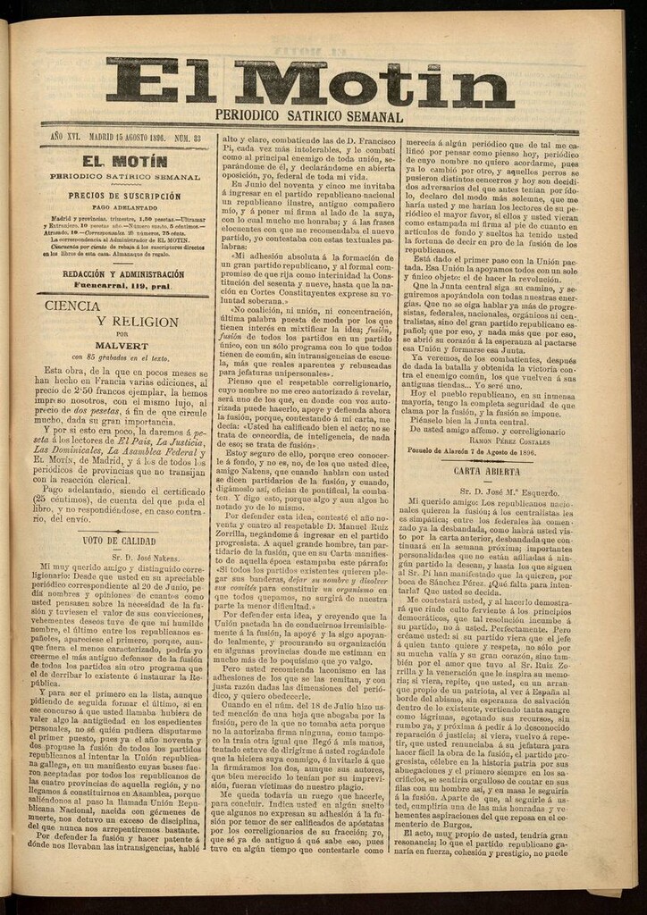 Miniatura de El Motín: periódico satírico semanal 15 de Agosto de 1896