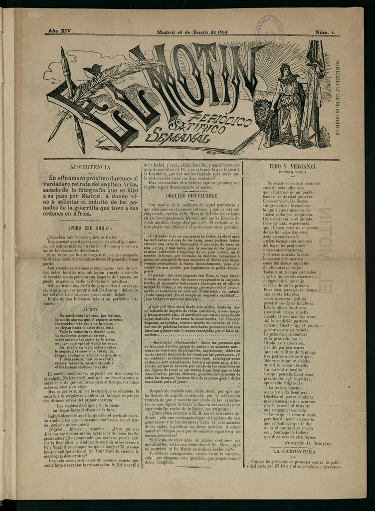 Miniatura de El Motín: periódico satírico semanal del 28 de Enero de 1894