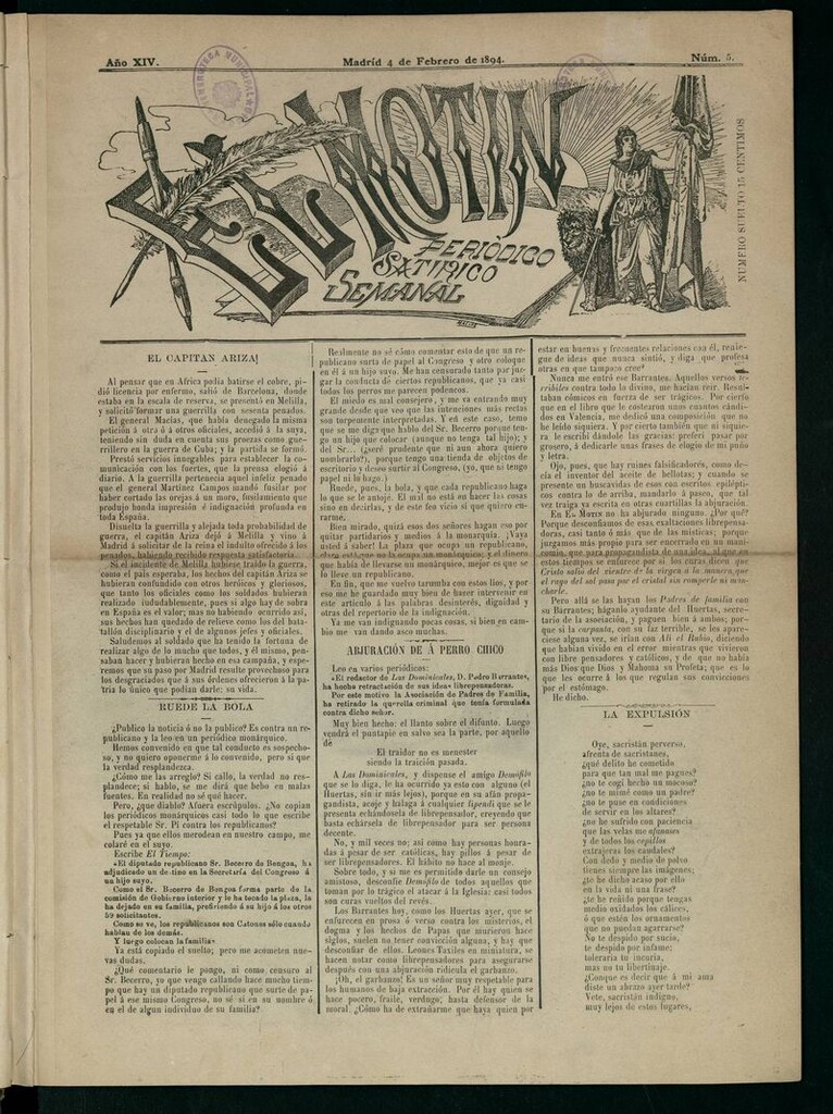 Miniatura de El Motín: periódico satírico semanal del 4 de Febrero de 1894