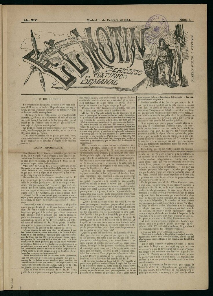 Miniatura de El Motín: periódico satírico semanal del 11 de Febrero de 1894