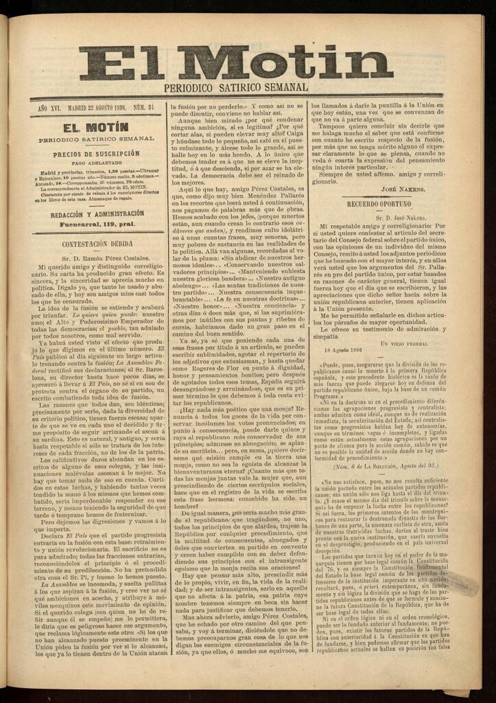 Miniatura de El Motín: periódico satírico semanal 22 de Agosto de 1896