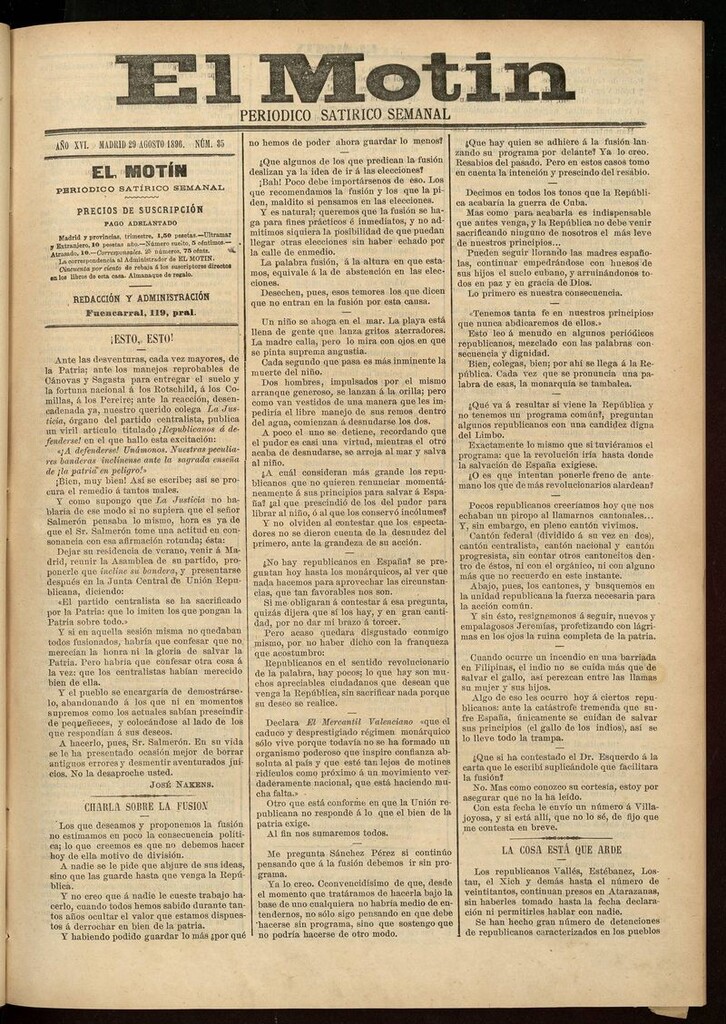 Miniatura de El Motín: periódico satírico semanal 29 de Agosto de 1896