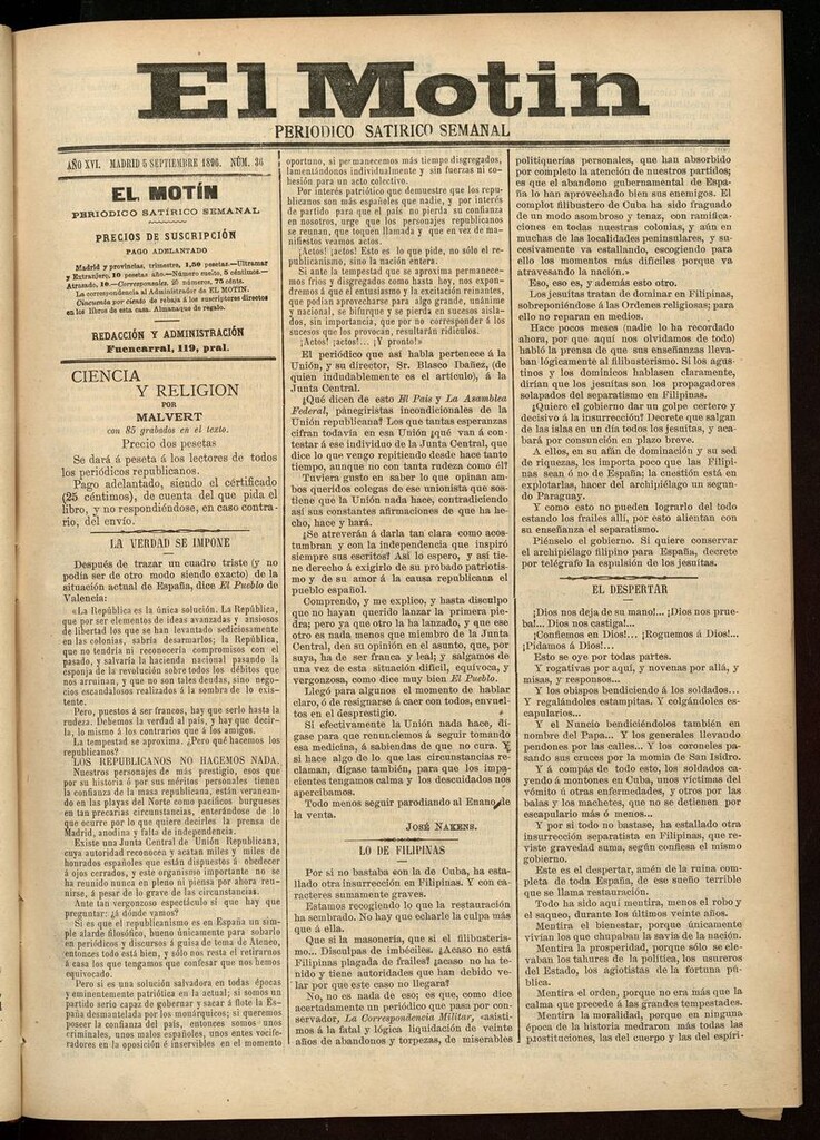 Miniatura de El Motín: periódico satírico semanal 5 de Septiembre de 1896