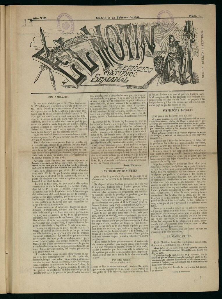 Miniatura de El Motín: periódico satírico semanal del 18 de Febrero de 1894