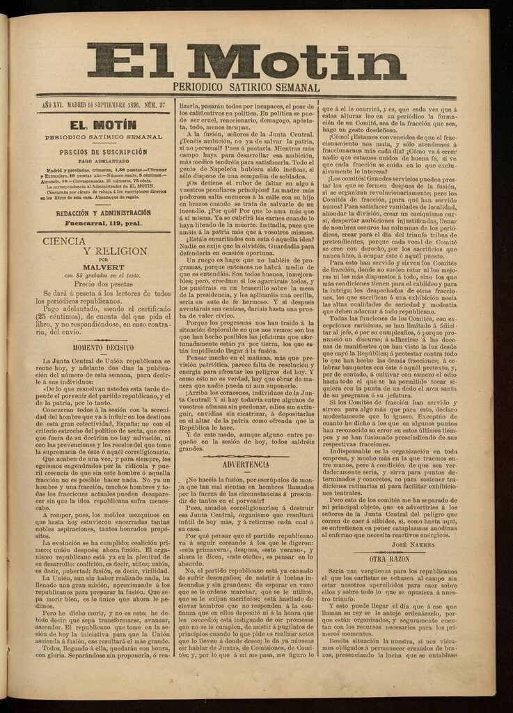 Miniatura de El Motín: periódico satírico semanal 10 de Septiembre de 1896
