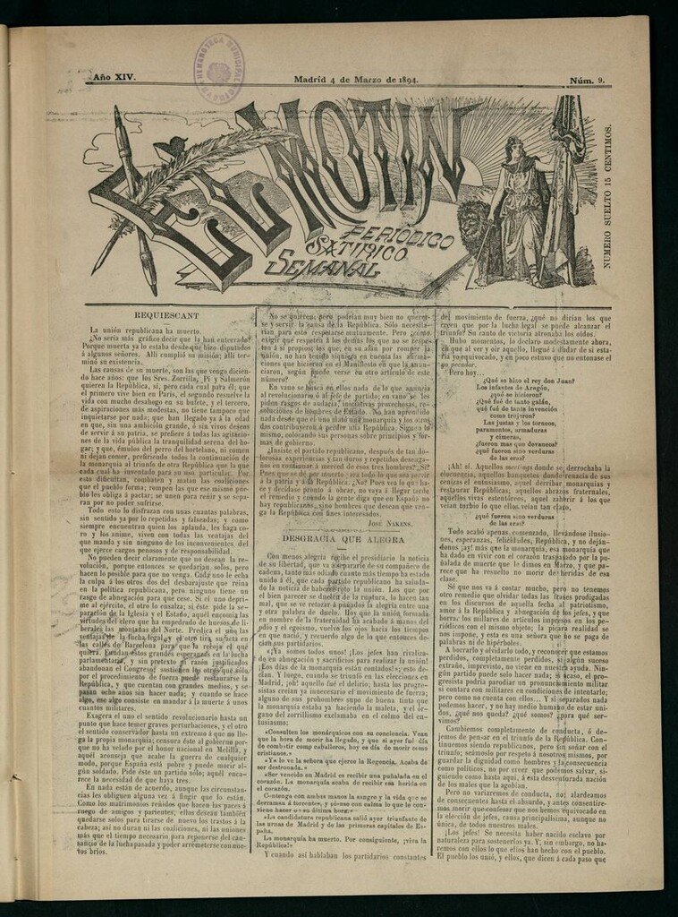 Miniatura de El Motín: periódico satírico semanal del 4 de marzo de 1894