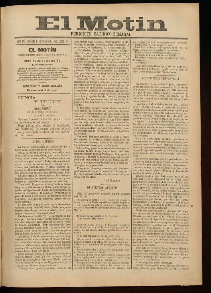Miniatura de El Motín: periódico satírico semanal 19 de Septiembre de 1896