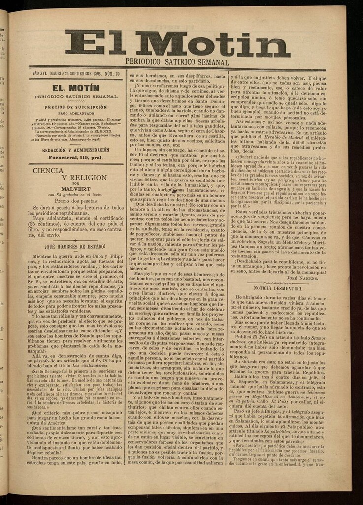Miniatura de El Motín: periódico satírico semanal 26 de Septiembre de 1896