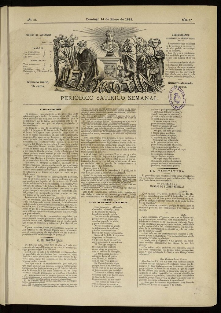 Miniatura de El Motín: periódico satírico del domingo 14 de enero de 1883