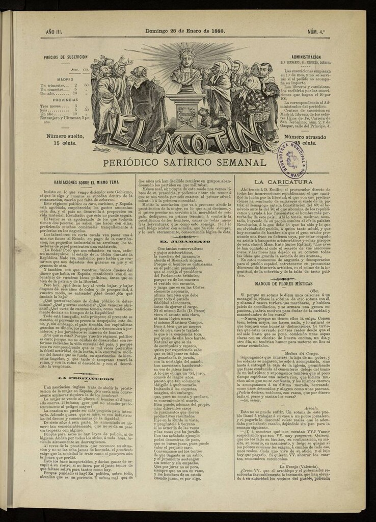 Miniatura de El Motín: periódico satírico del domingo 28 de enero de 1883