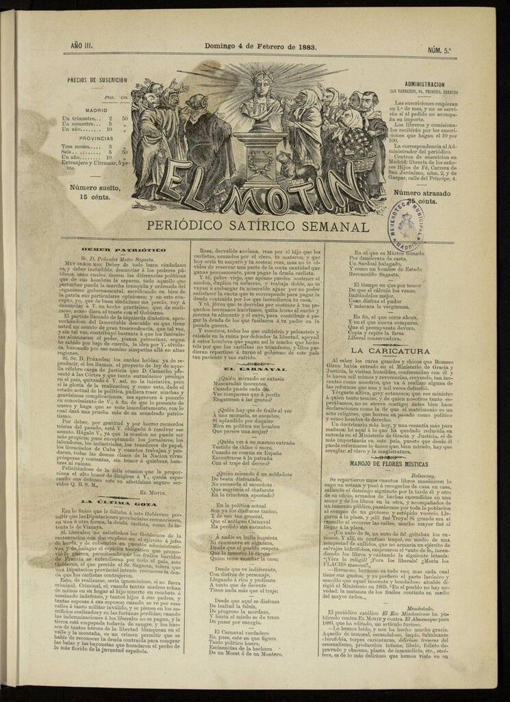 Miniatura de El Motín: periódico satírico del domingo 4 de febrero de 1883
