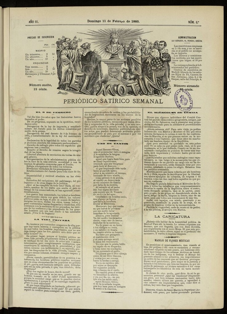 Miniatura de El Motín: periódico satírico del domingo 11 de febrero de 1883