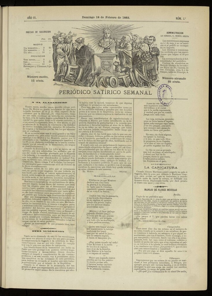 Miniatura de El Motín: periódico satírico del domingo 18 de febrero de 1883