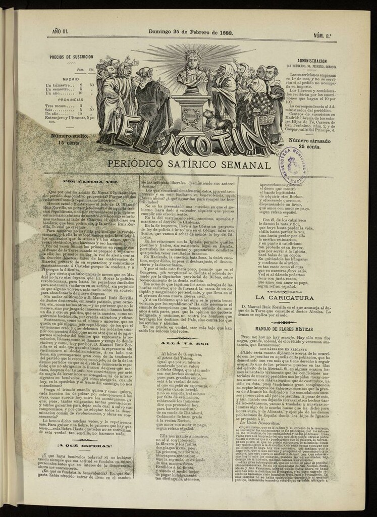 Miniatura de El Motín: periódico satírico del domingo 25 de febrero de 1883