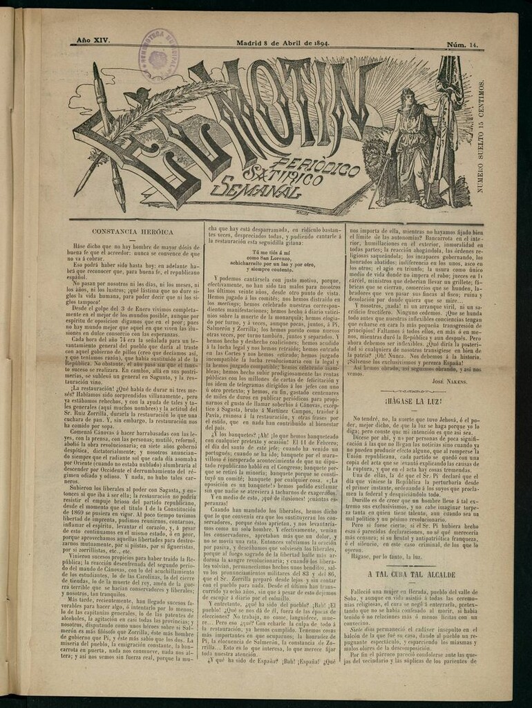 Miniatura de El Motín: periódico satírico semanal del 8 de Abril de 1894