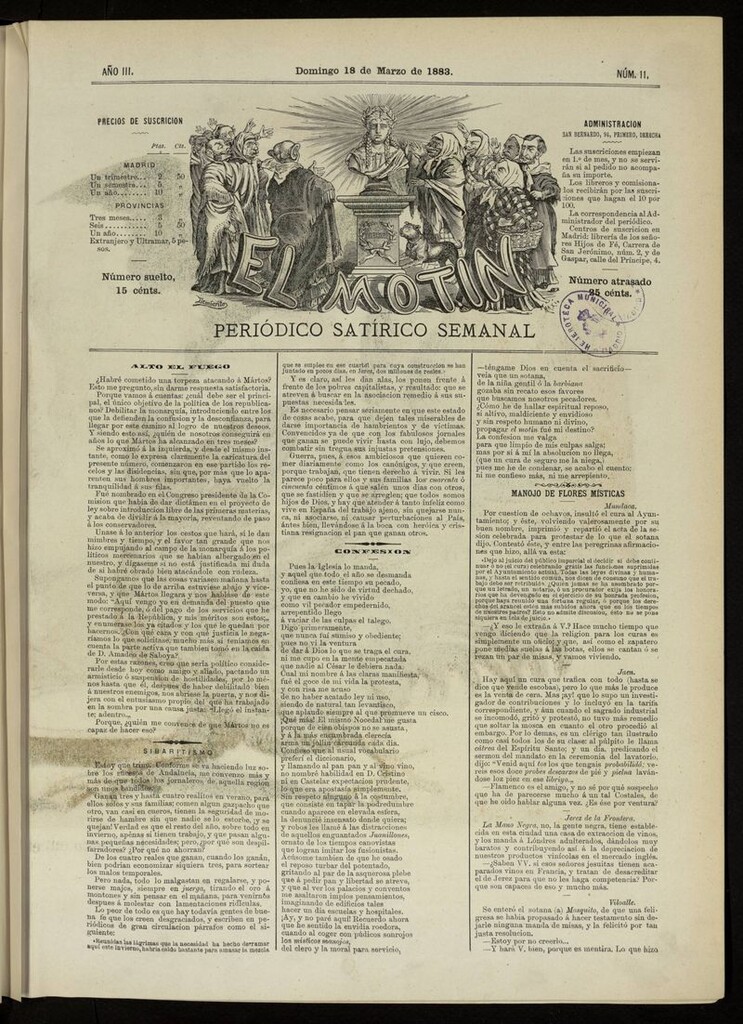 Miniatura de El Motín: periódico satírico del domingo 18 de marzo de 1883
